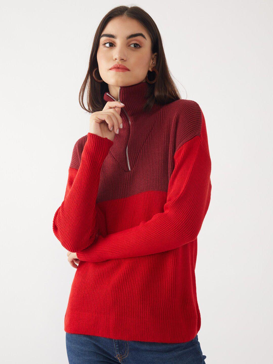 zink london women maroon & red colourblocked pure acrylic pullover