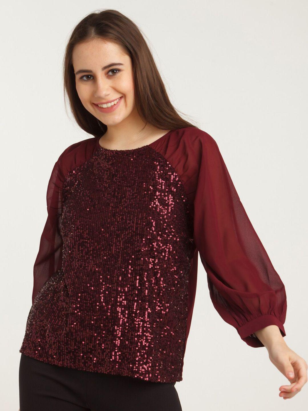 zink london women maroon sequined top