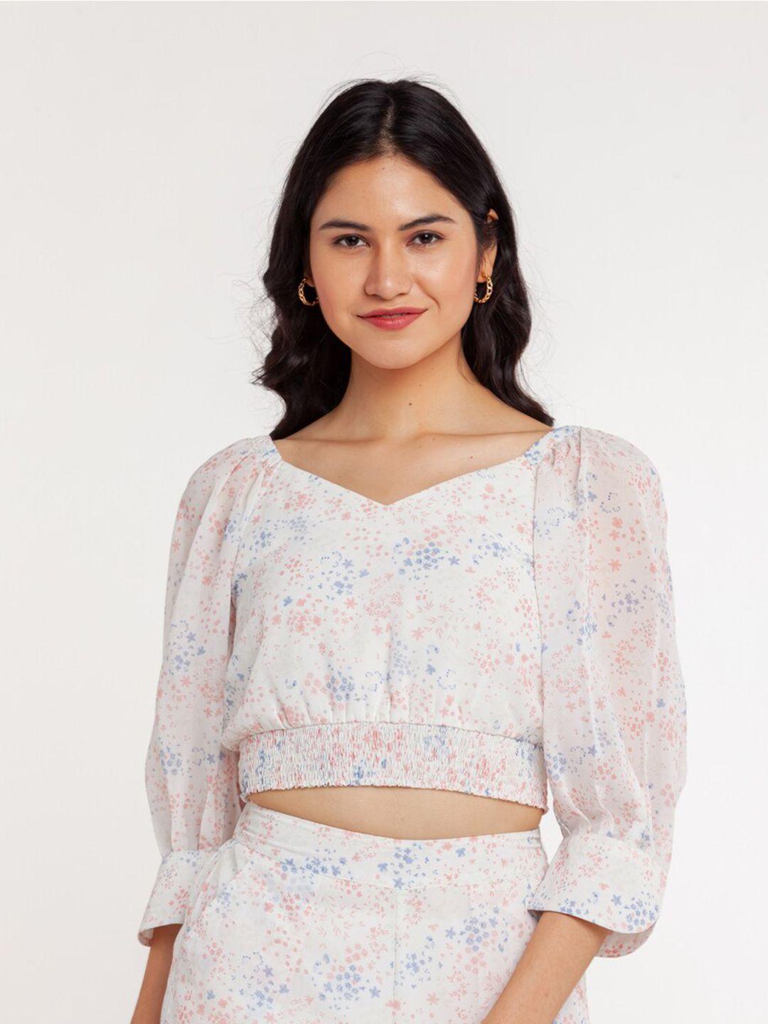 zink london women off white & blue floral printed crop top