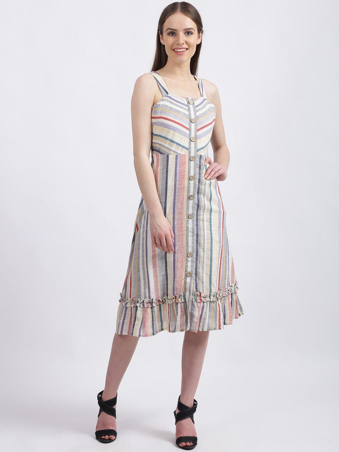 zink london women off-white & grey striped fit and flare cotton dress