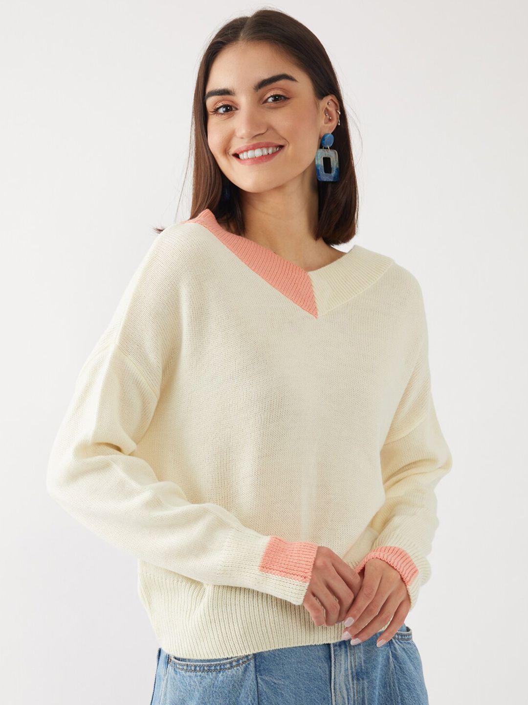 zink london women off white & peach-coloured pure acrylic pullover sweater