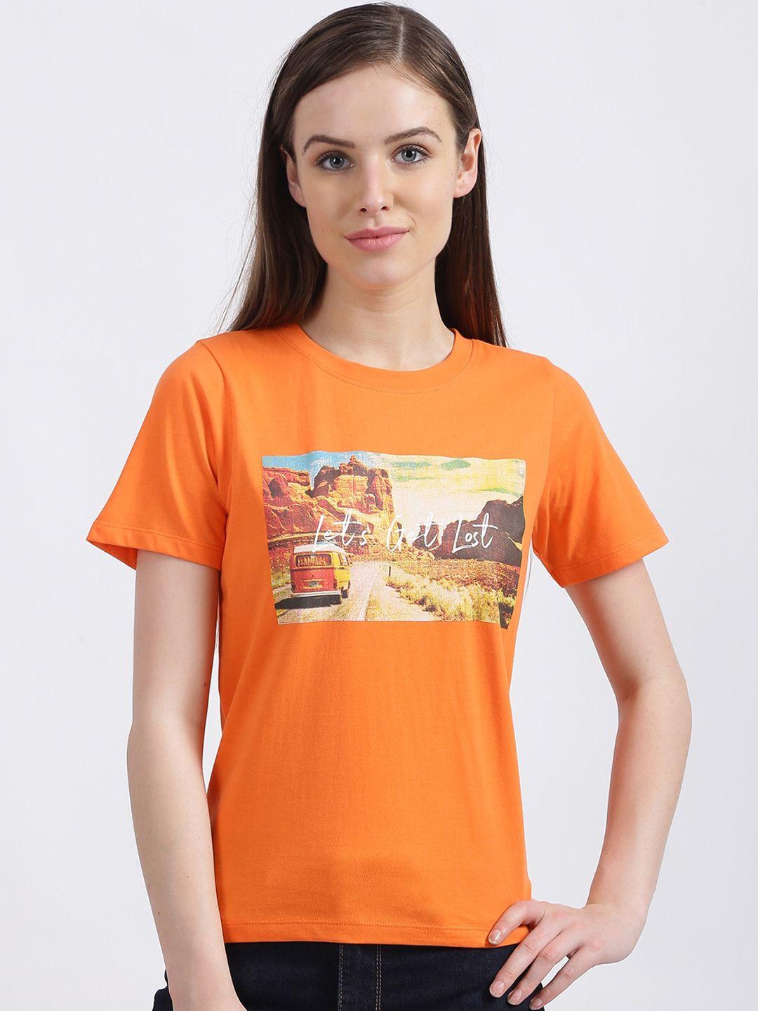 zink london women orange printed round neck pure cotton t-shirt