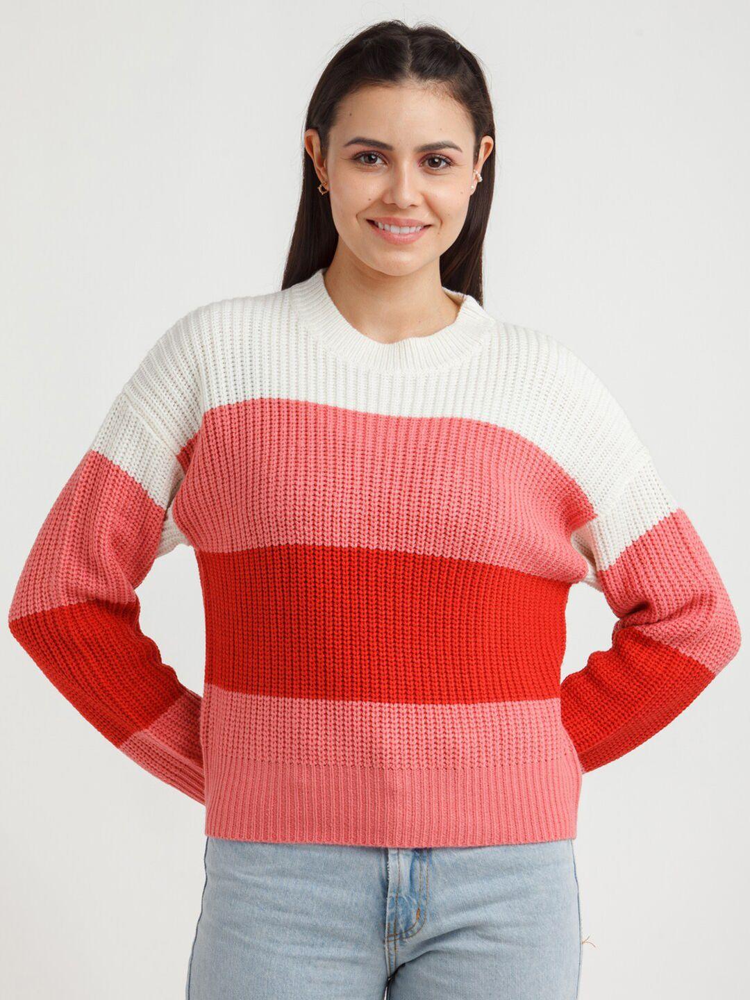 zink london women pink & white colourblocked woolen pullover sweater
