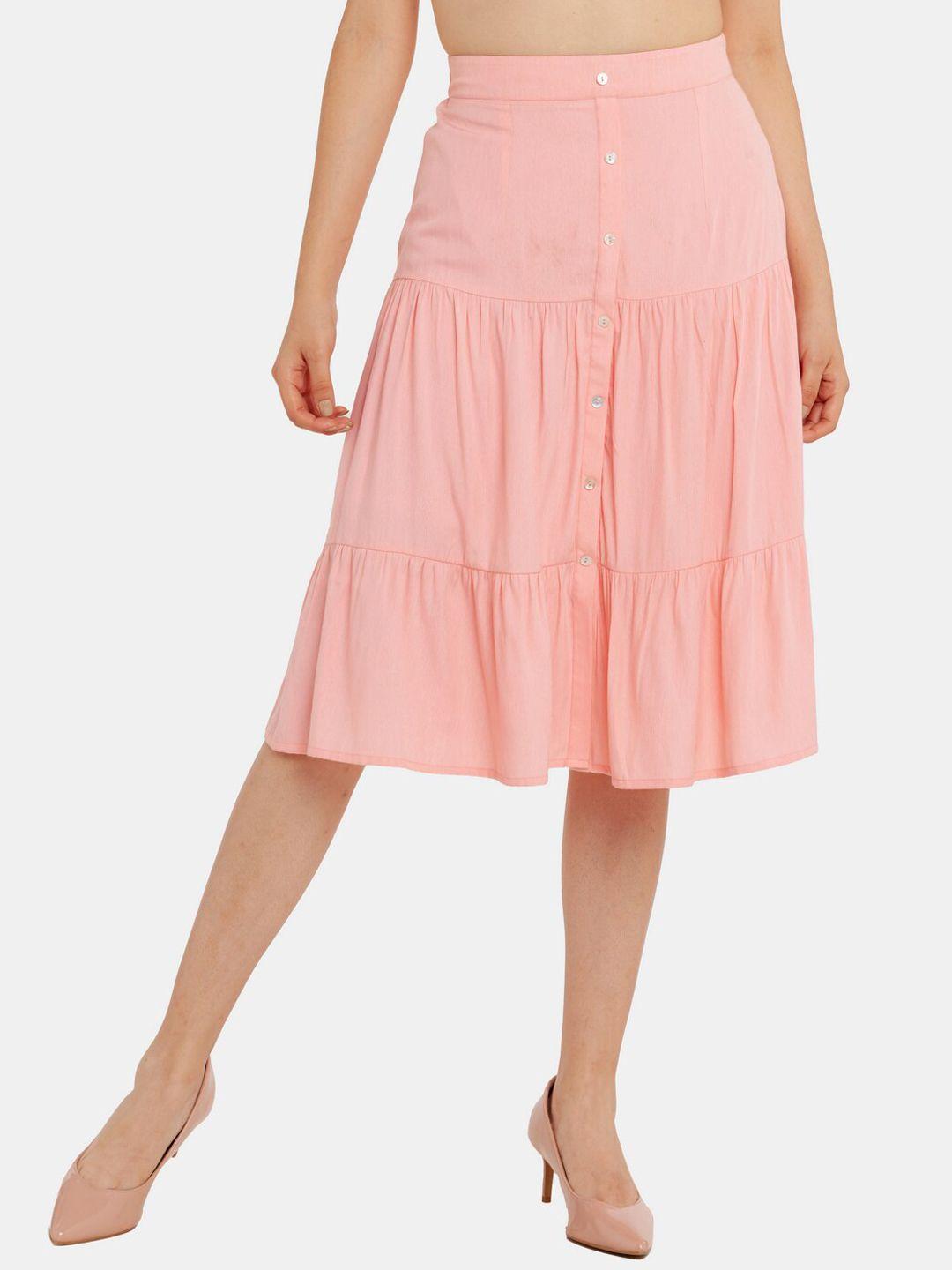 zink london women pink solid flared knee-lenth skirt