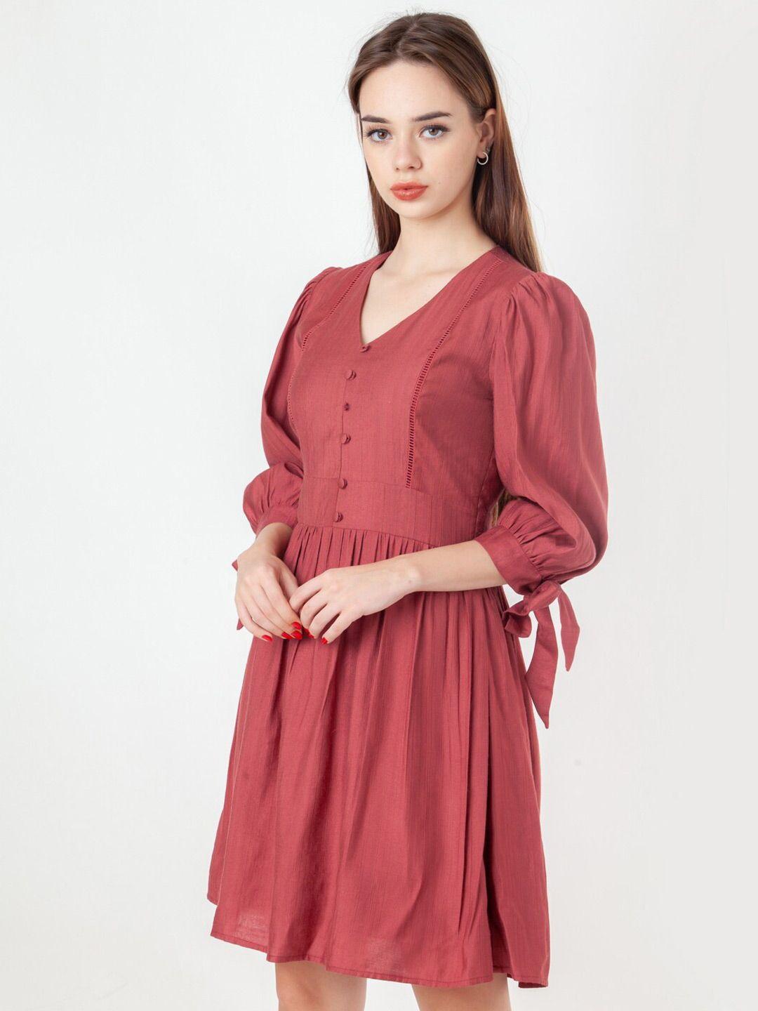 zink london women rust puff sleeves mini fit & flare dress