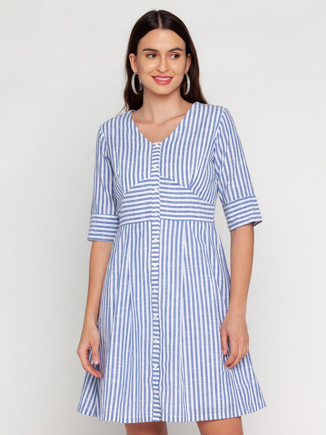 zink london women white & blue striped cotton a-line dress