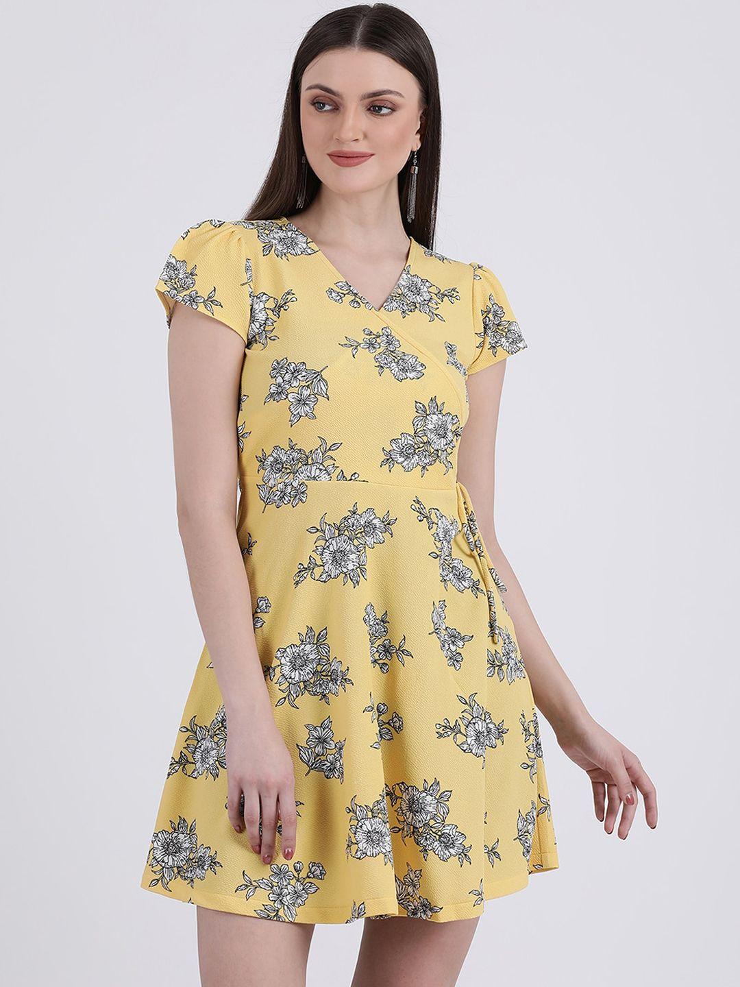 zink london women yellow printed fit and flare dress