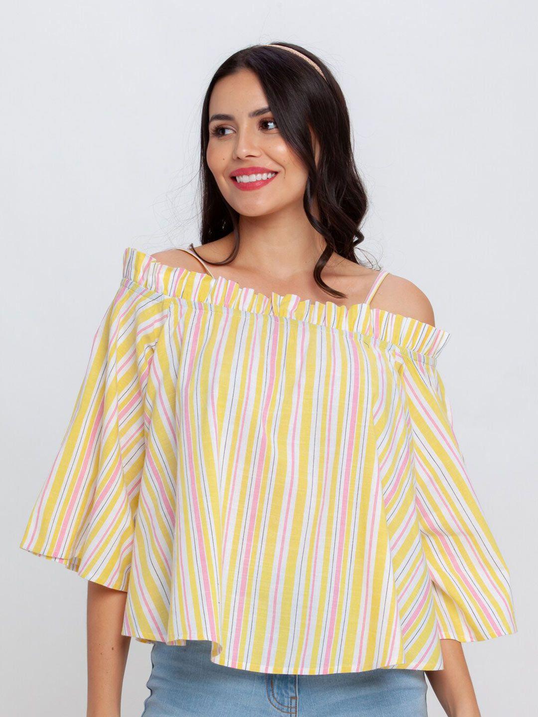 zink london yellow & mauve chalk striped off-shoulder bardot top