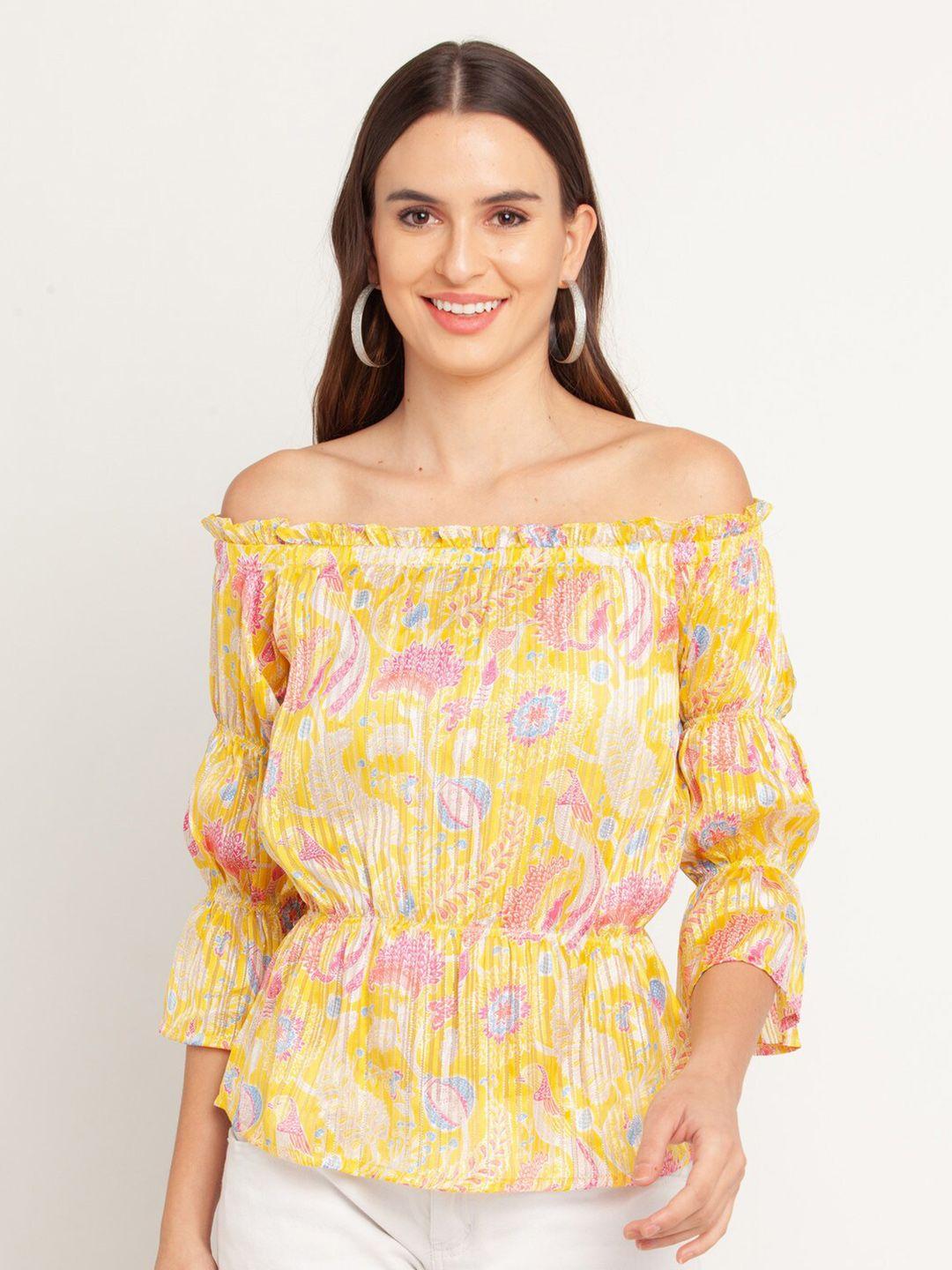 zink london yellow & pink floral print off-shoulder accordion pleats cinched waist top