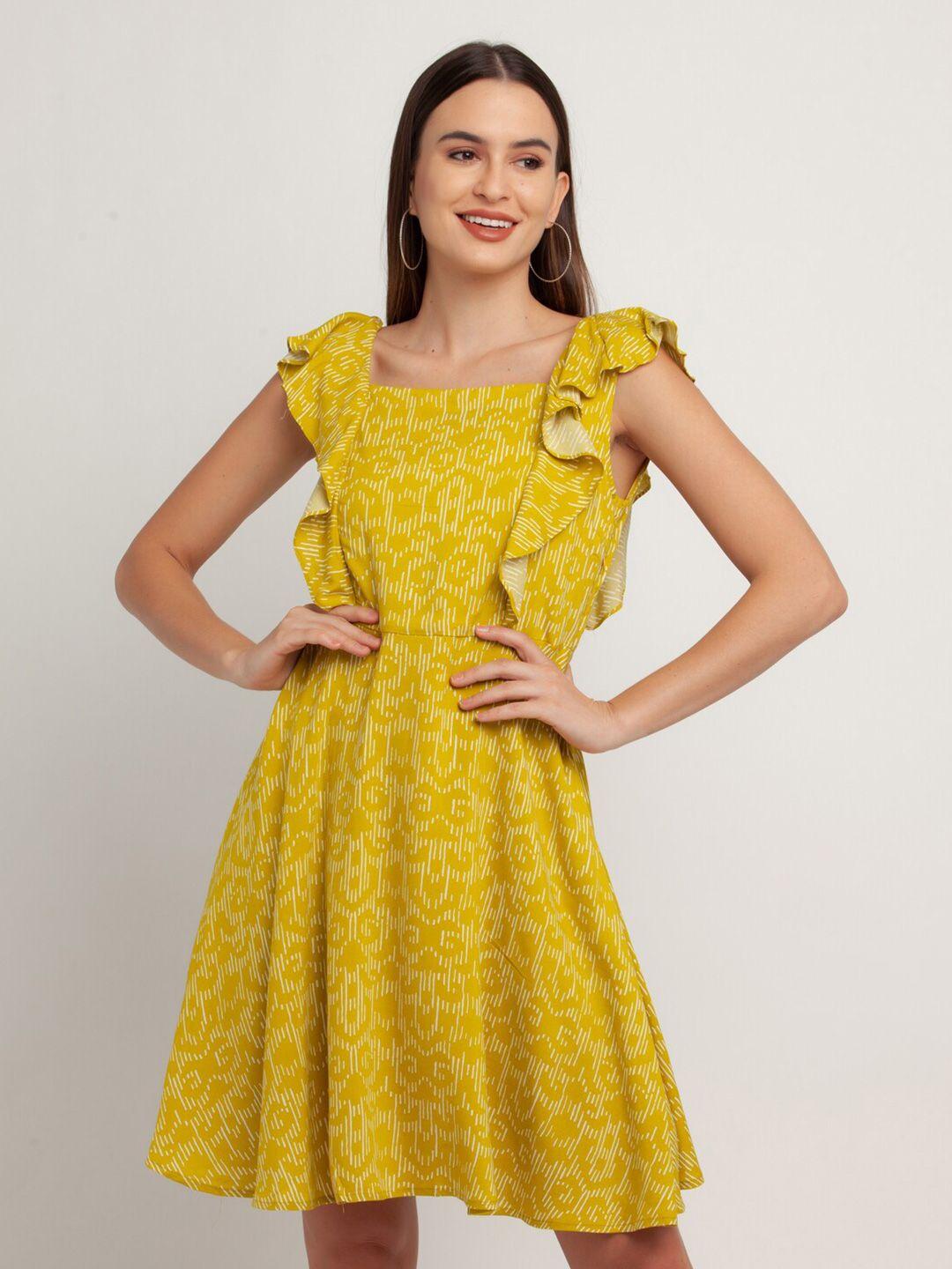 zink london yellow printed ruffled flutter sleeves fit & flare dress