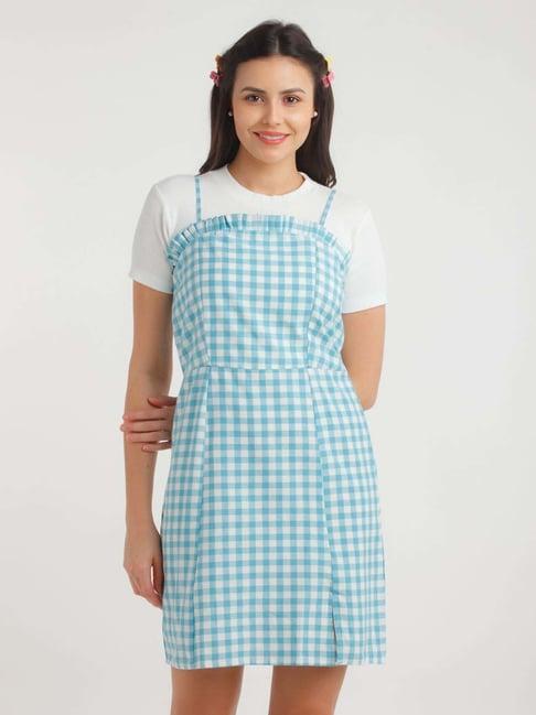 zink z blue cotton chequered a-line dress
