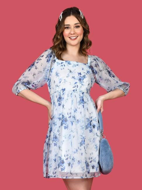 zink z white & blue floral print a line dress