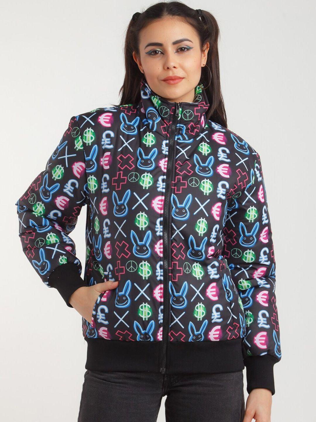 zink z women black & blue conversational printed bomber jacket