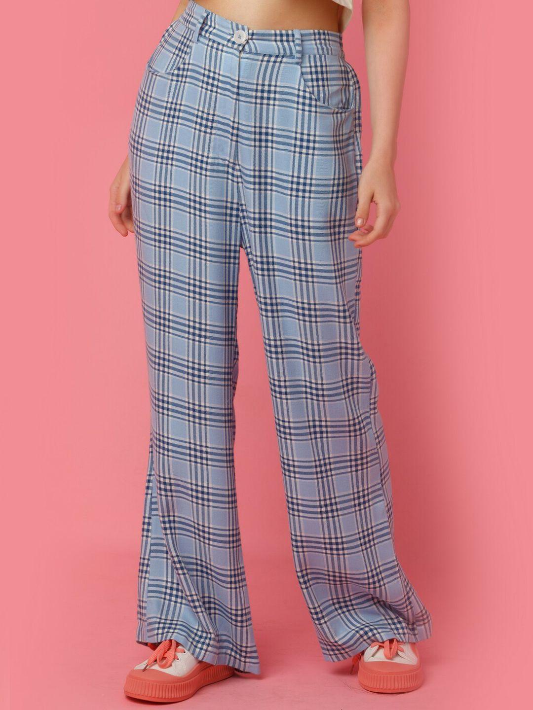 zink z women blue & grey checked loose fit high-rise wide leg trousers