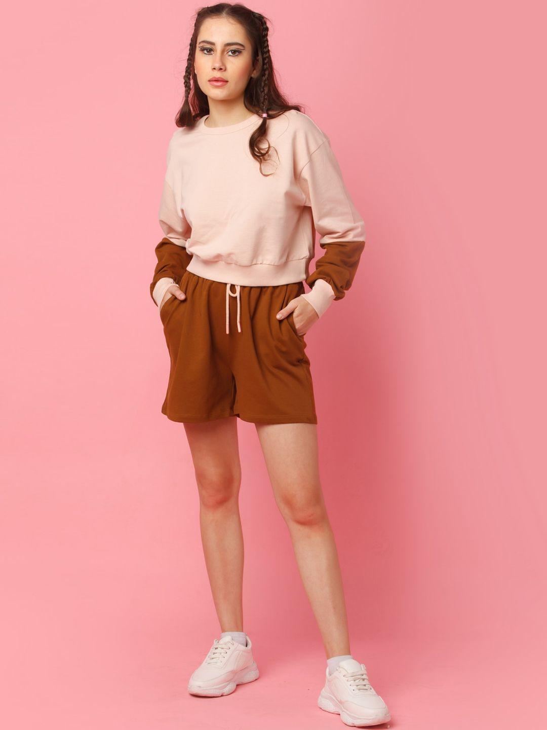 zink z women peach-coloured & brown colourblocked pure cotton co-ords