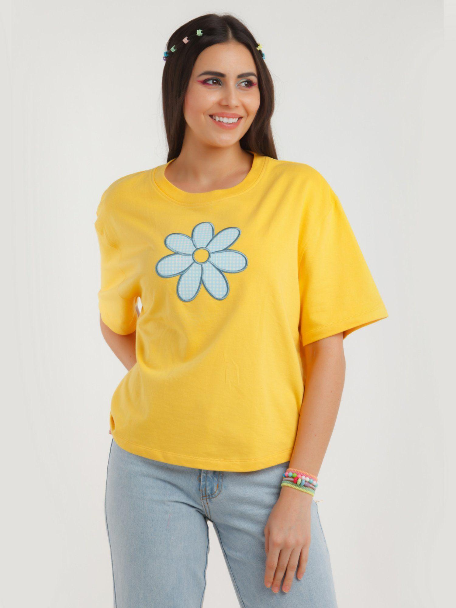 zink z womens yellow embroidered t-shirt