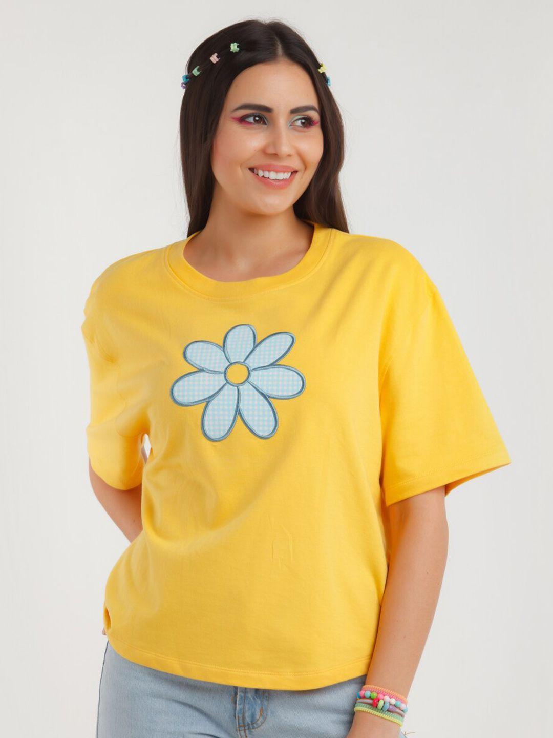 zink z yellow & blue floral embroidered applique pure cotton top