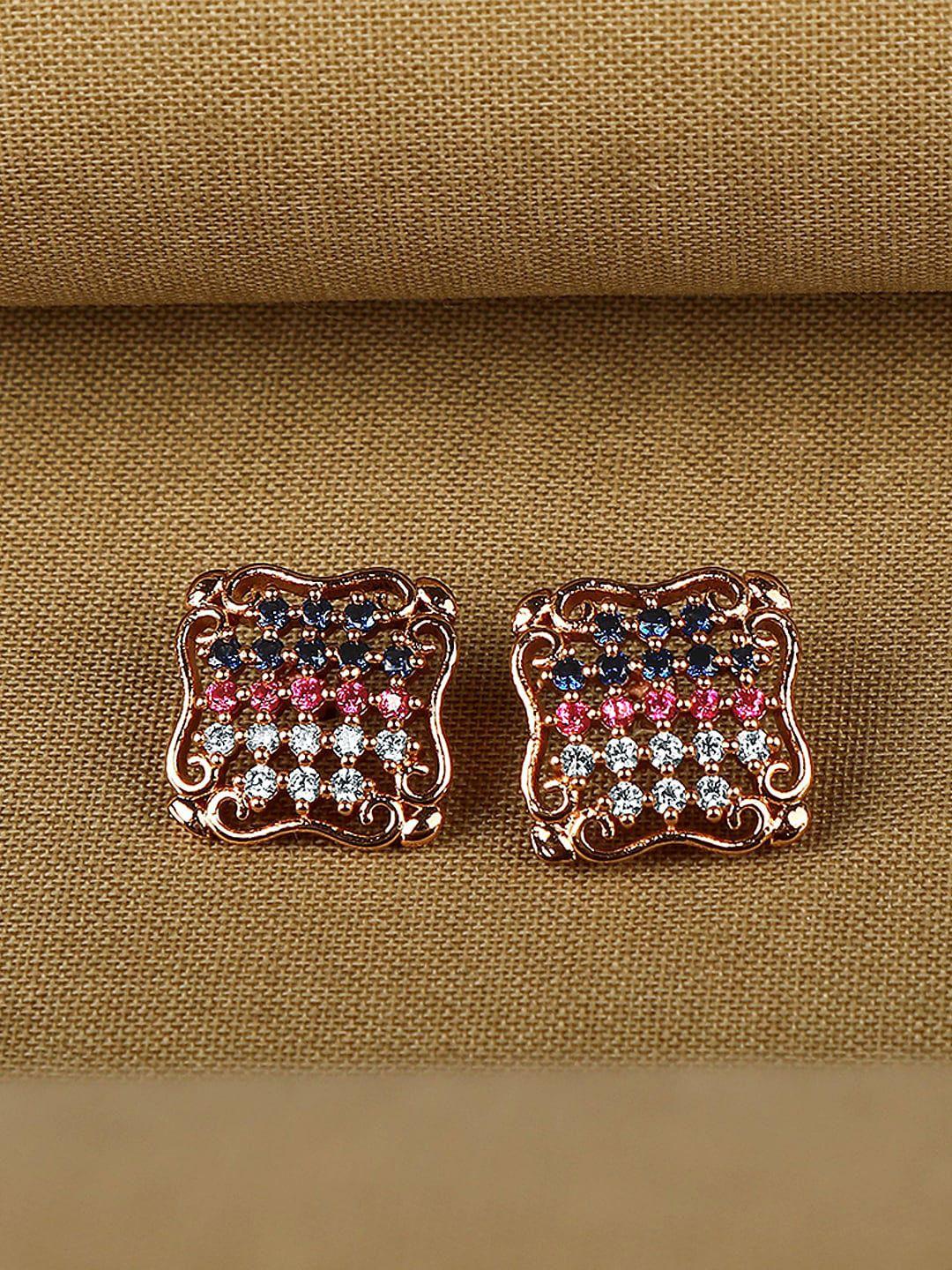 zinu rose gold plated pink & blue contemporary cubic zirconia studs earrings