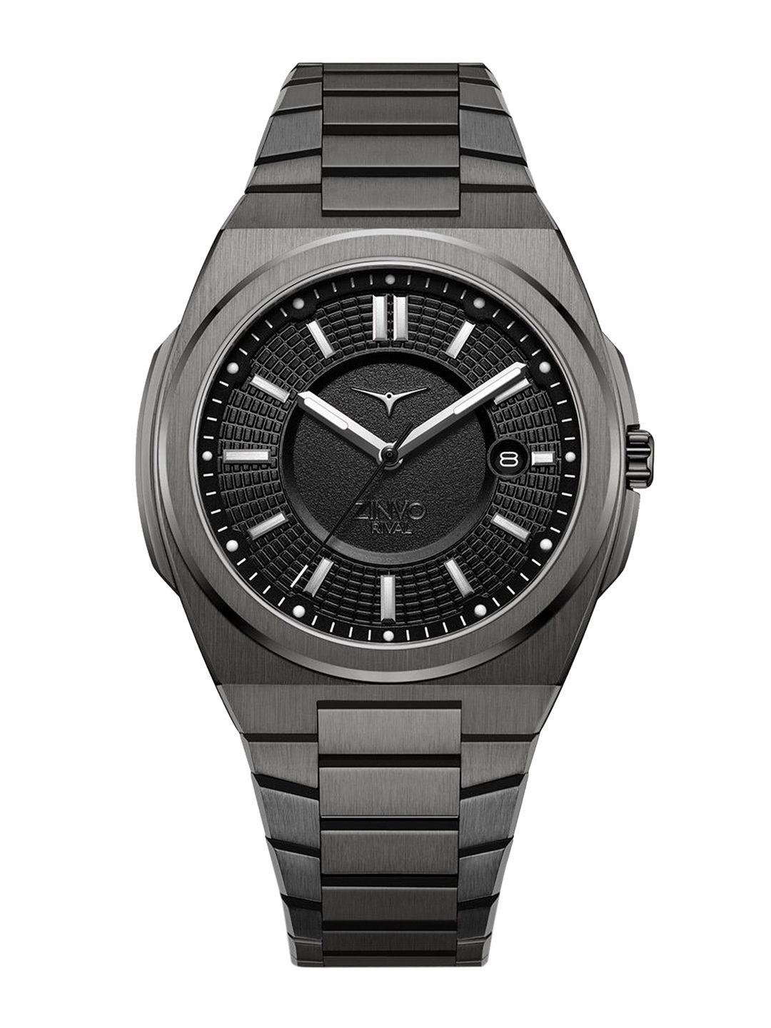 zinvo men black brass dial & grey stainless steel bracelet style straps analogue watch 100-03