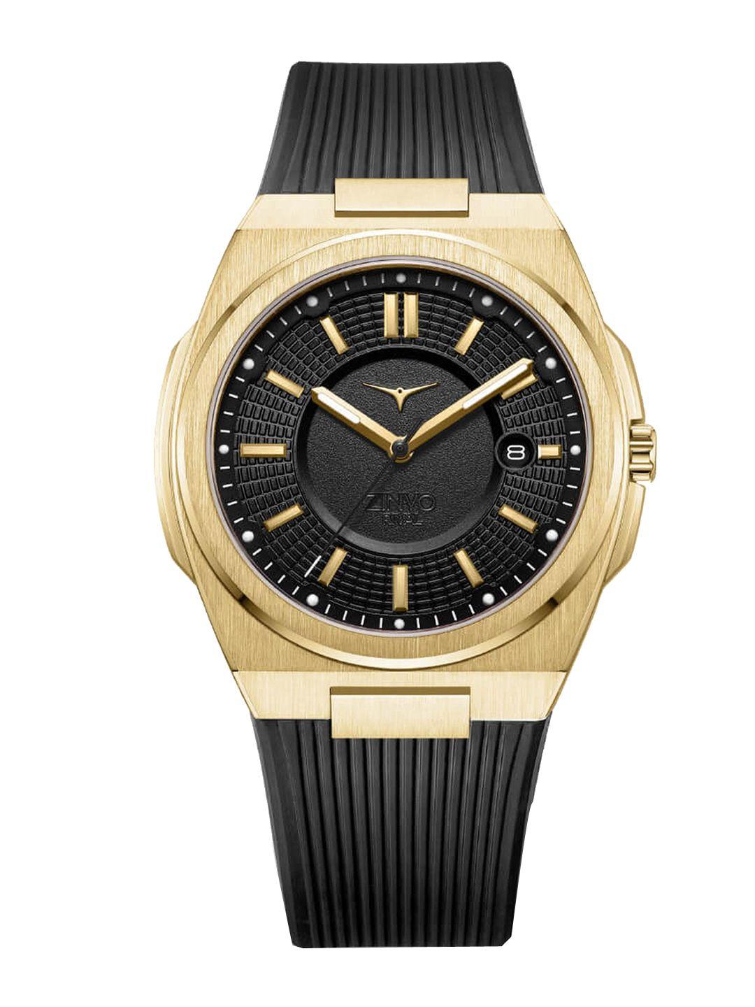zinvo men black brass embellished dial & gold toned stainless steel straps analogue watch