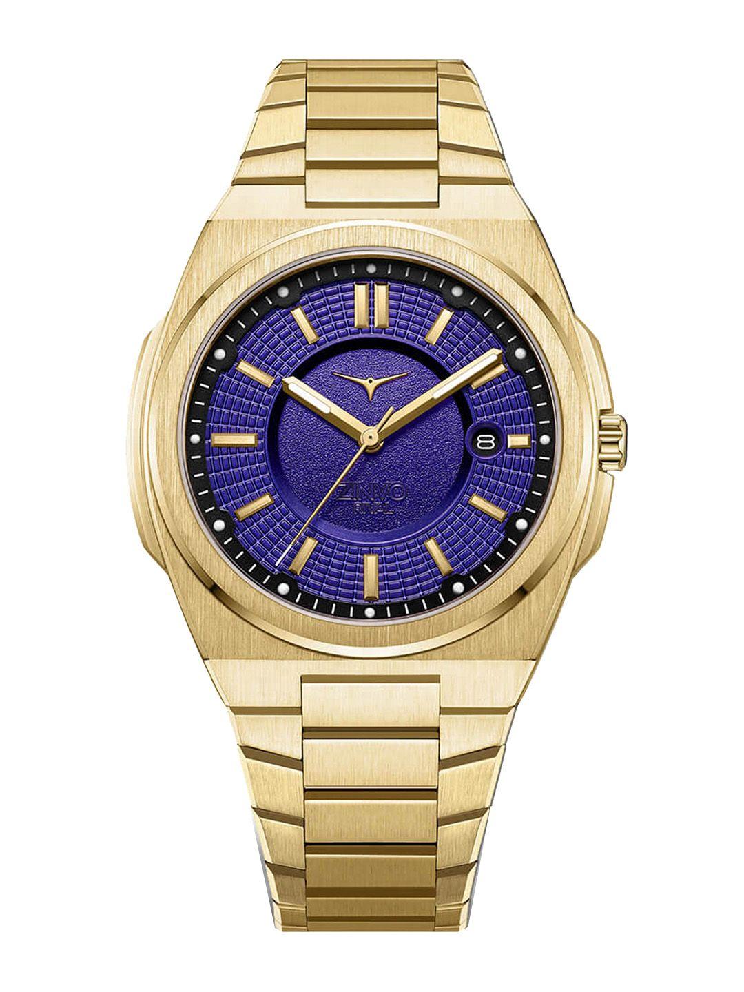 zinvo men purple brass dial & gold toned stainless steel bracelet style straps analogue watch