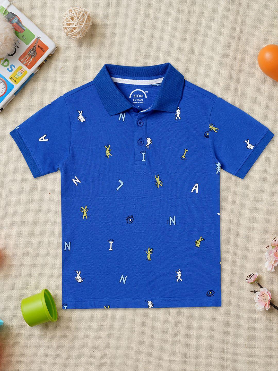 zion boys blue printed polo collar cotton t-shirt