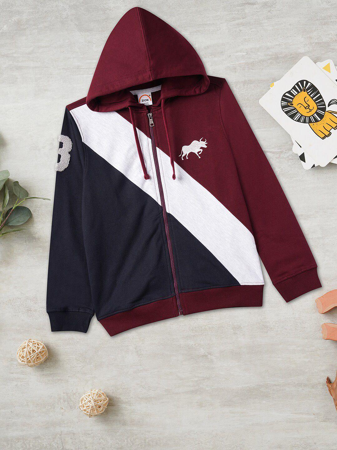 zion boys maroon colourblocked hooded cotton sweatshirt