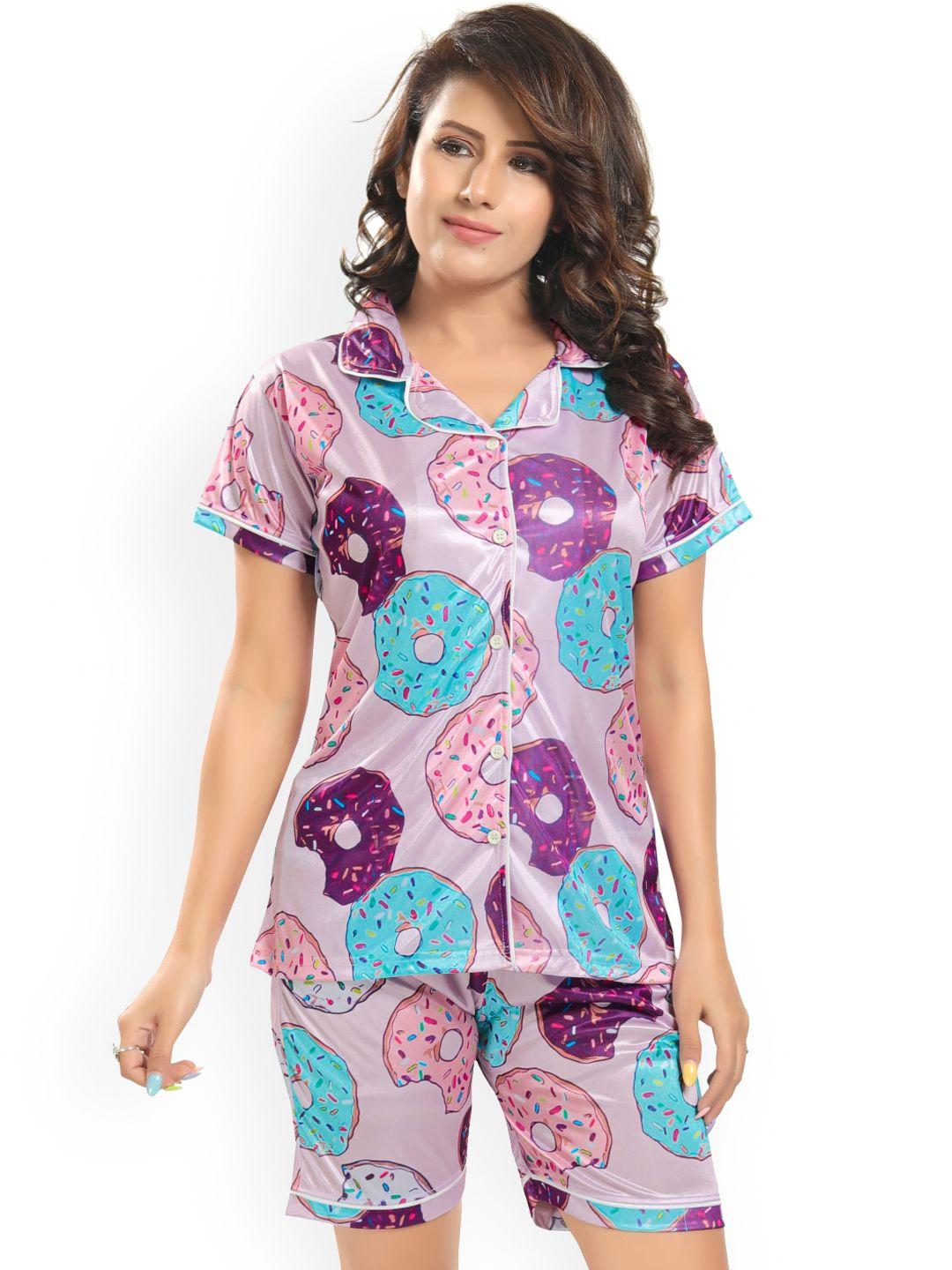 zionity graphic printed satin night suit