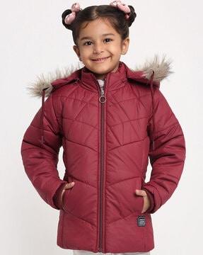 zip closure puffer jacket with faux feather