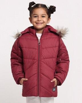 zip closure puffer jacket with faux feather