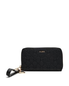 zip-around clutch with logo embossed