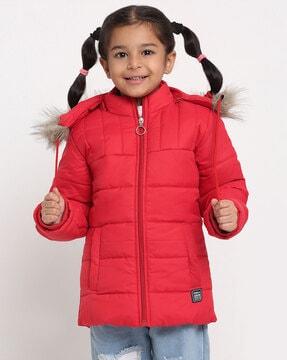 zip closure puffer jacket with faux feather