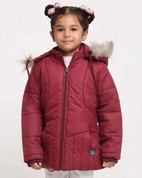 zip closure puffer jacket with faux feather