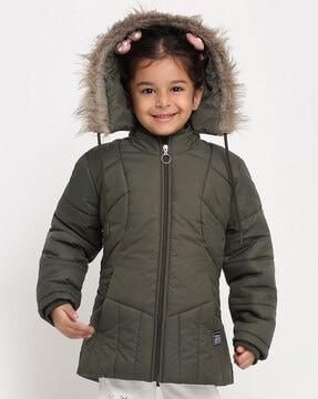 zip closure puffer jacket with faux feather