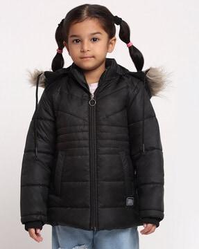 zip closure puffer jacket with faux feather