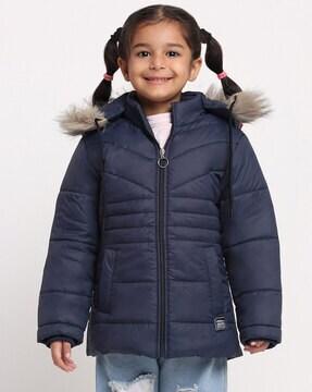 zip closure puffer jacket with faux feather