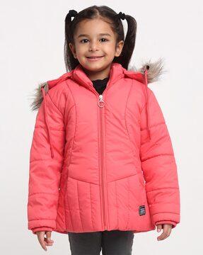 zip closure puffer jacket with faux feather