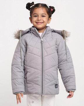 zip closure puffer jacket with faux feather