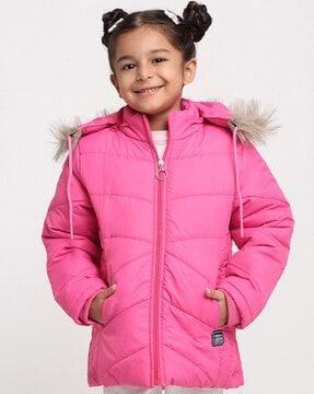 zip closure puffer jacket with faux feather