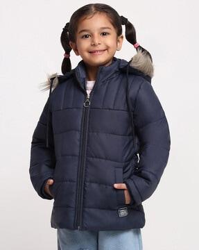 zip closure puffer jacket with faux feather