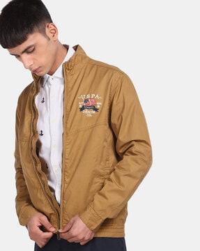 zip-front bomber jacket with brand embroidery