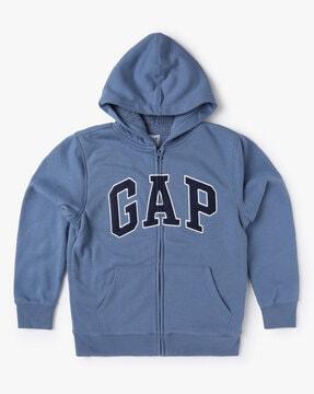 zip-front brand print hoodie