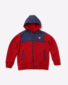 zip-front colourblock hooded jacket with zip pockets