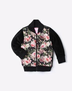 zip-front floral print bomber jacket
