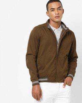 zip-front high-neck jacket with insert pockets