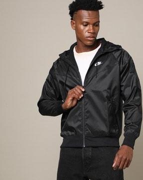 zip-front hooded jacket with zipper pockets