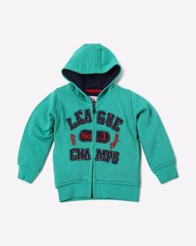 zip-front hoodie with typographic applique