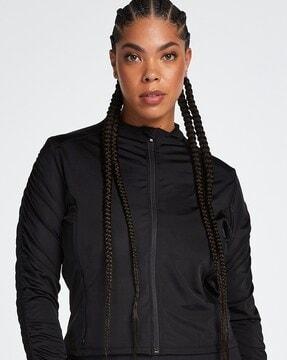 zip-front jacket with ruffles