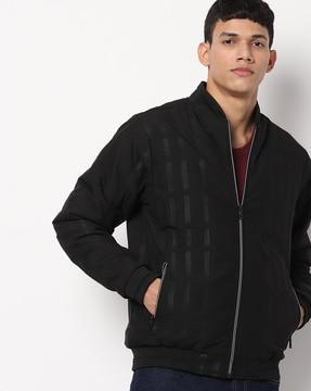 zip-front printed bomber jacket with zip pockets