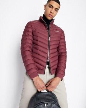 zip-front puffer jacket with logo print